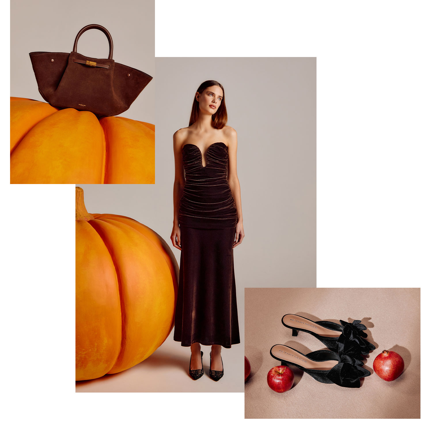 Fashion collage with a woman in a strapless dress, a brown handbag, pumpkins, black heels, and pomegranates.