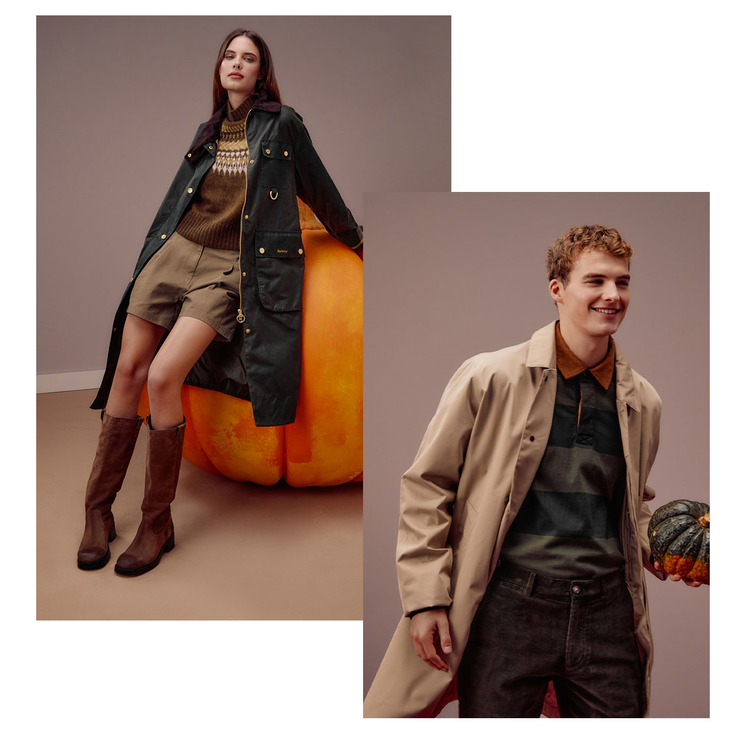 Fashionable duo in autumn outfits; woman in boots and shorts, man in a trench coat. Both standing near pumpkins.