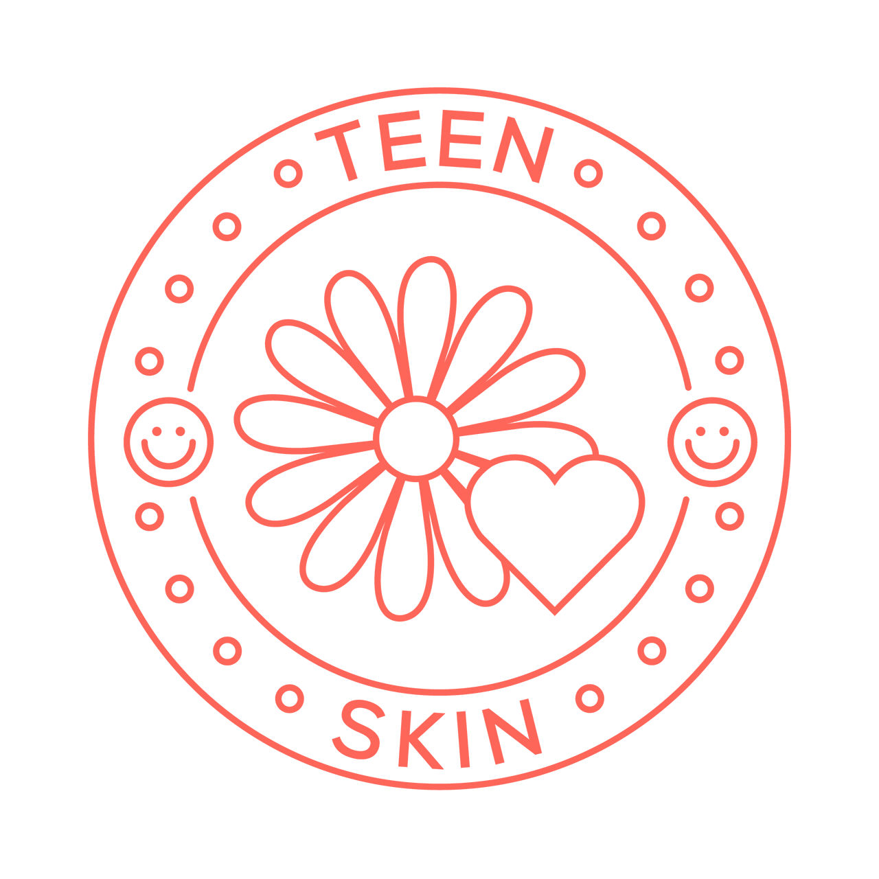 A red circular logo with a flower and heart in the center, surrounded by the words 'TEEN SKIN' and two smiley faces.