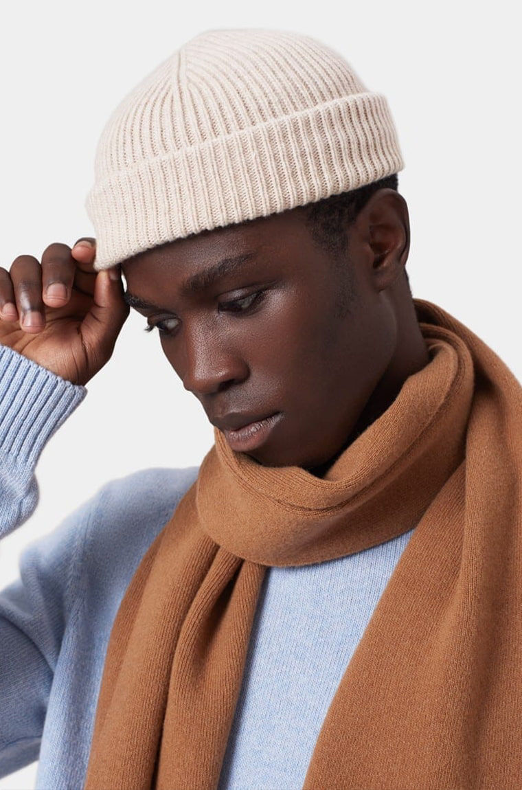 Stone Beanie & Brown Scarf