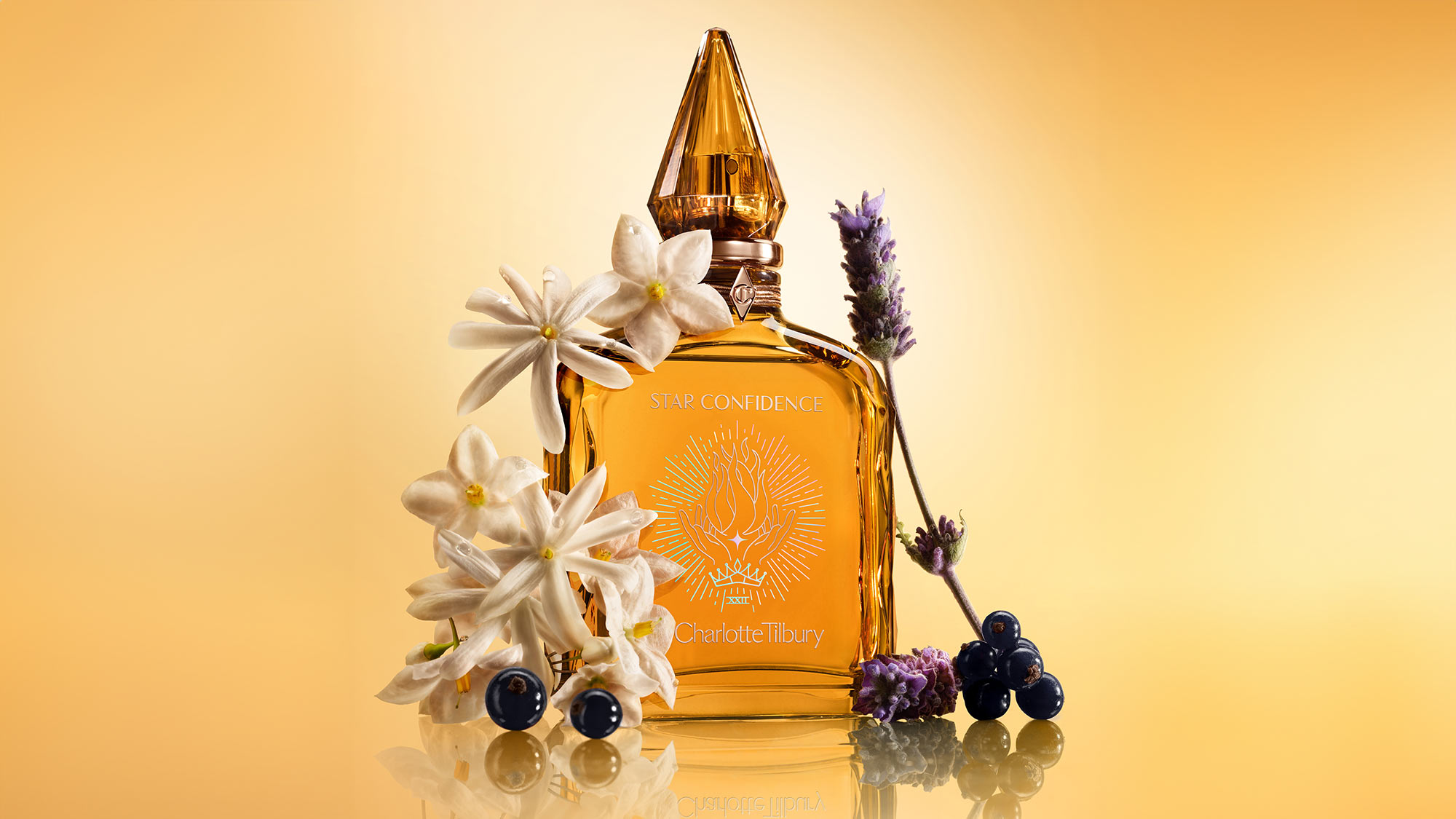 A perfume bottle with white flowers, purple lavender, and dark berries on a warm yellow background.