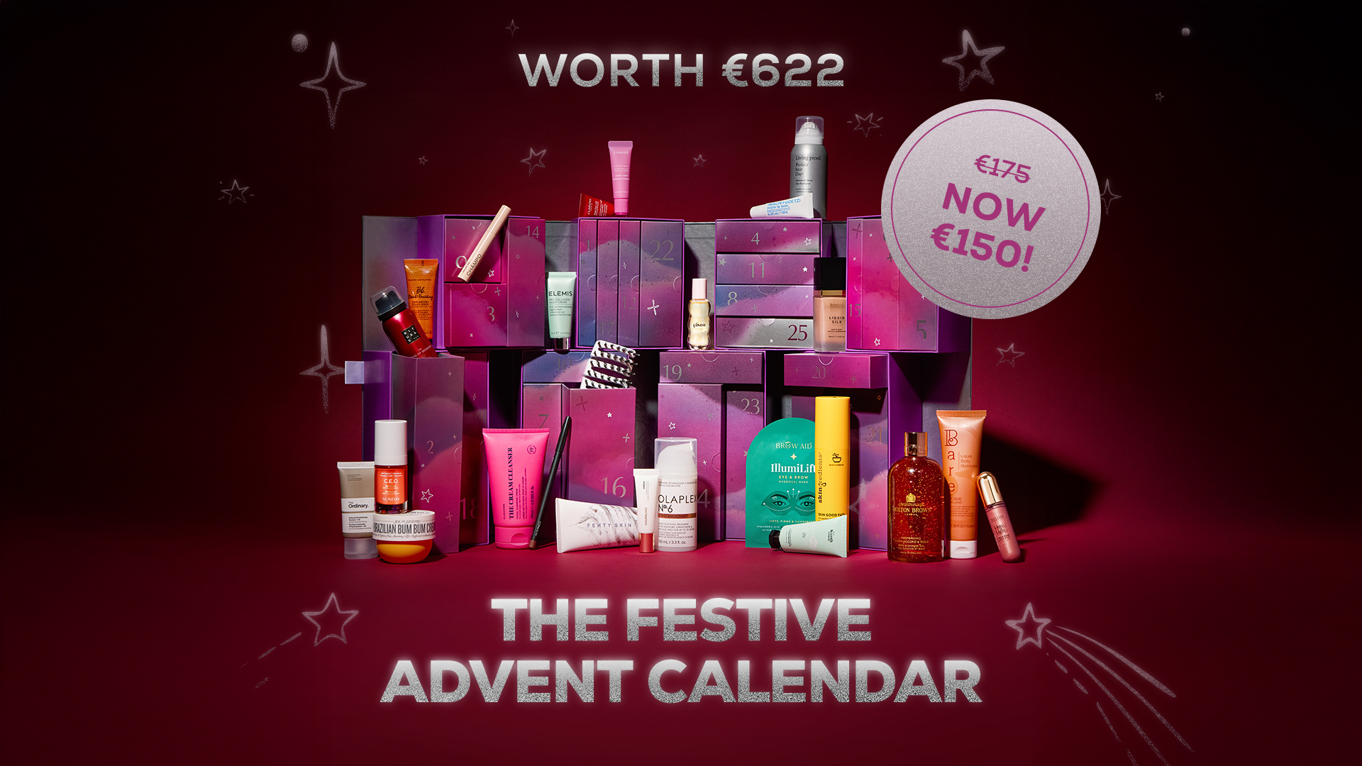 A festive advent calendar with various beauty products displayed, labeled as 'Worth €622, Yours for €175' on a starry background.