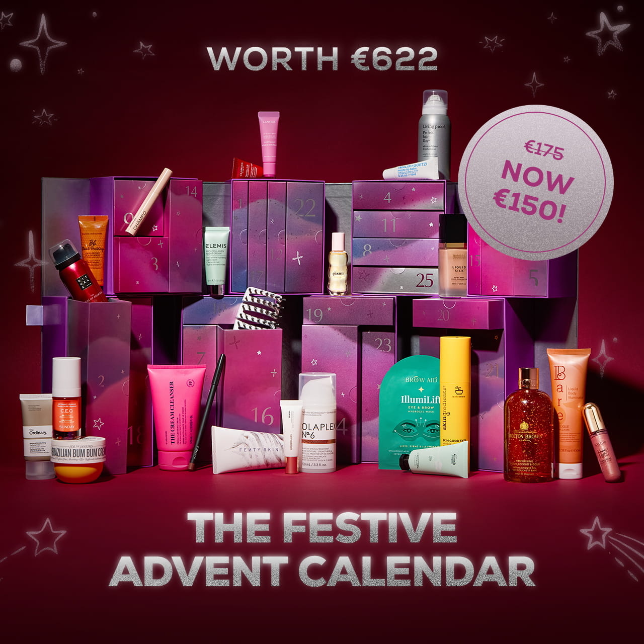 A festive advent calendar with various beauty products displayed, labeled as 'Worth €622, Yours for €175' on a starry background.