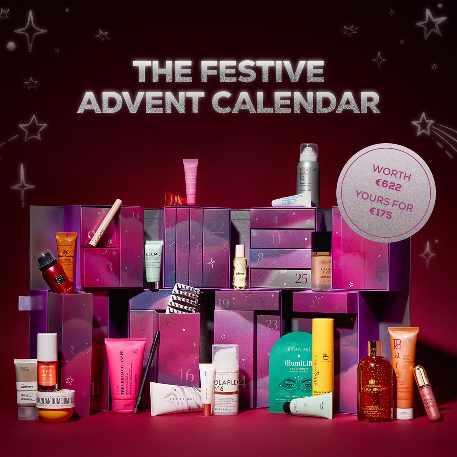 A festive advent calendar with various beauty products displayed, labeled as 'Worth €622, Yours for €175' on a starry background.