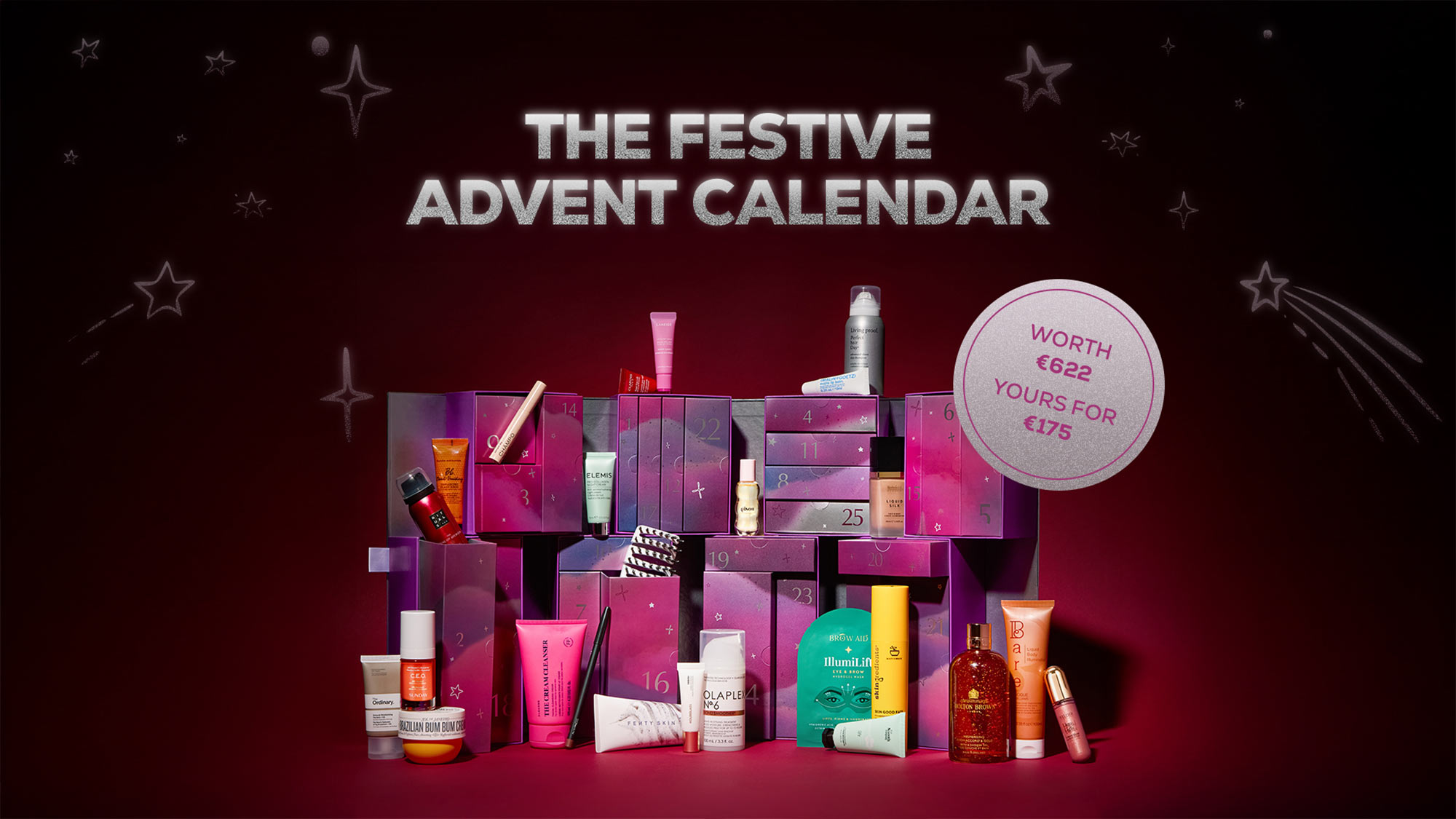 A festive advent calendar with various beauty products displayed, labeled as 'Worth €622, Yours for €175' on a starry background.