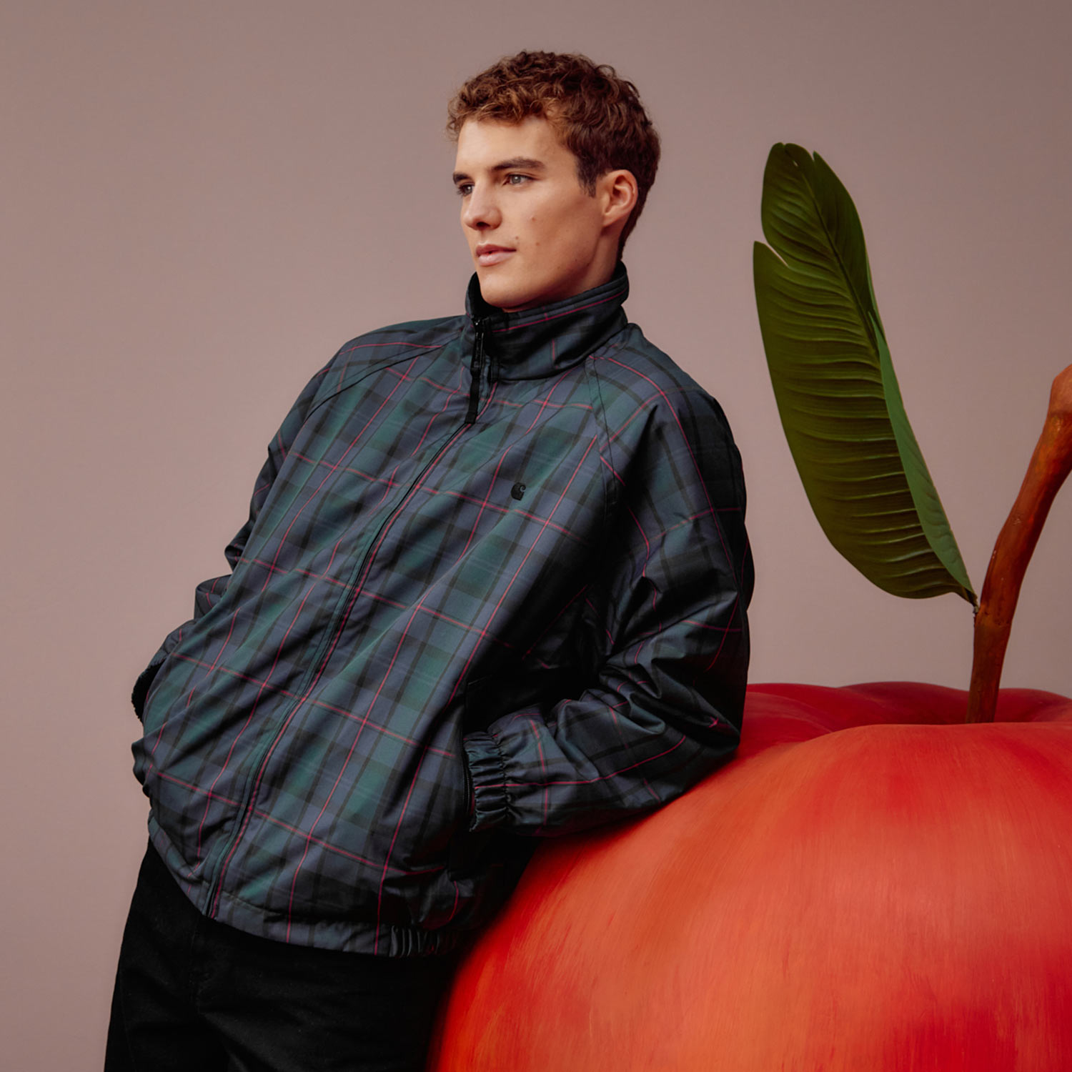A person in a plaid jacket leans against a giant apple with a leaf against a neutral background.