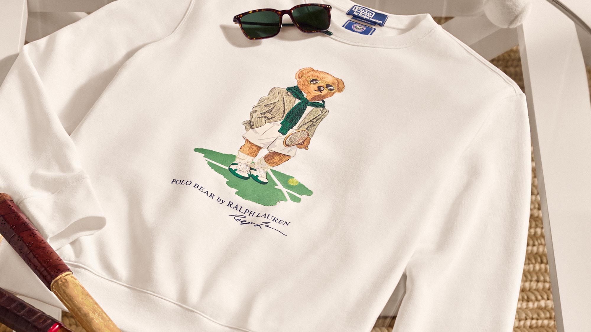 mens white long sleeve polo ralph lauren tee with teddy mascot on