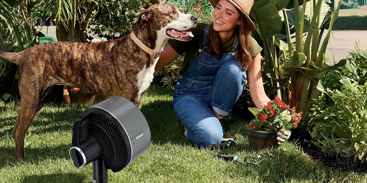 A woman in a garden smiles at a dog while holding a potted plant. A Shark brand air purifier is in the foreground.