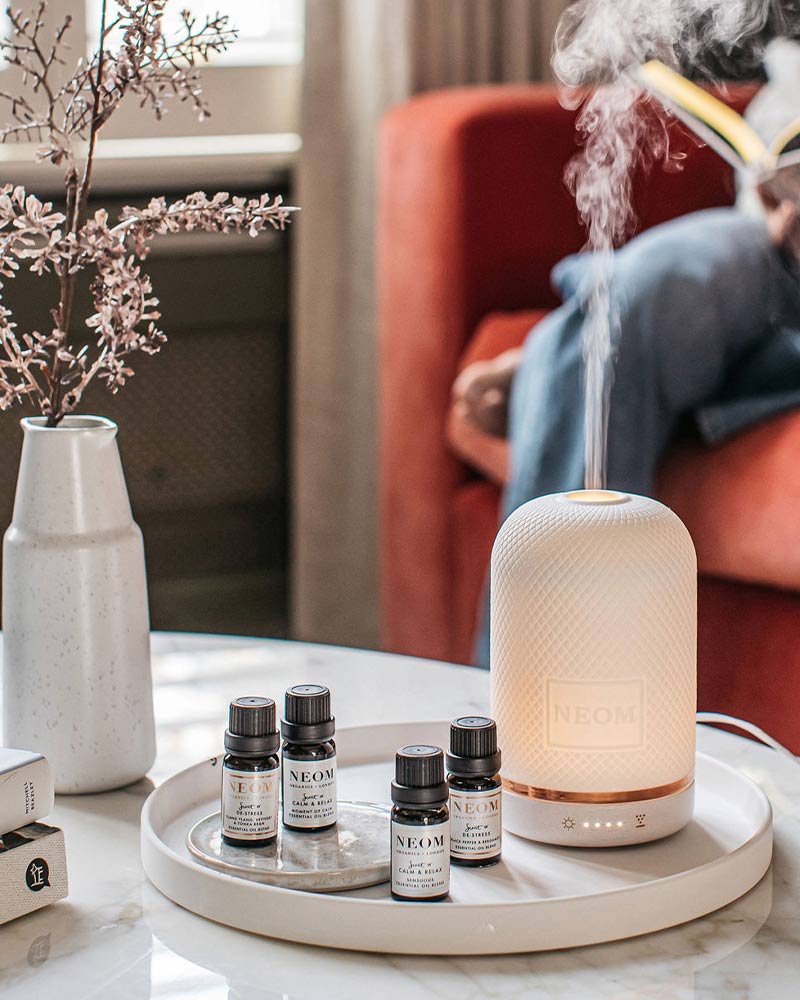 A diffuser emitting mist is on a table with essential oil bottles. A person is seated on a red sofa in the background reading a book.