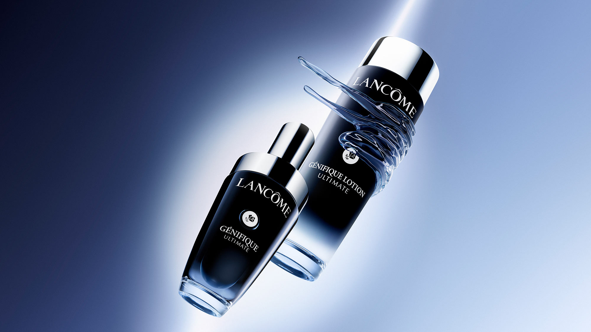 Two Lancome skincare products, a serum and lotion, on a sleek, illuminated blue background.