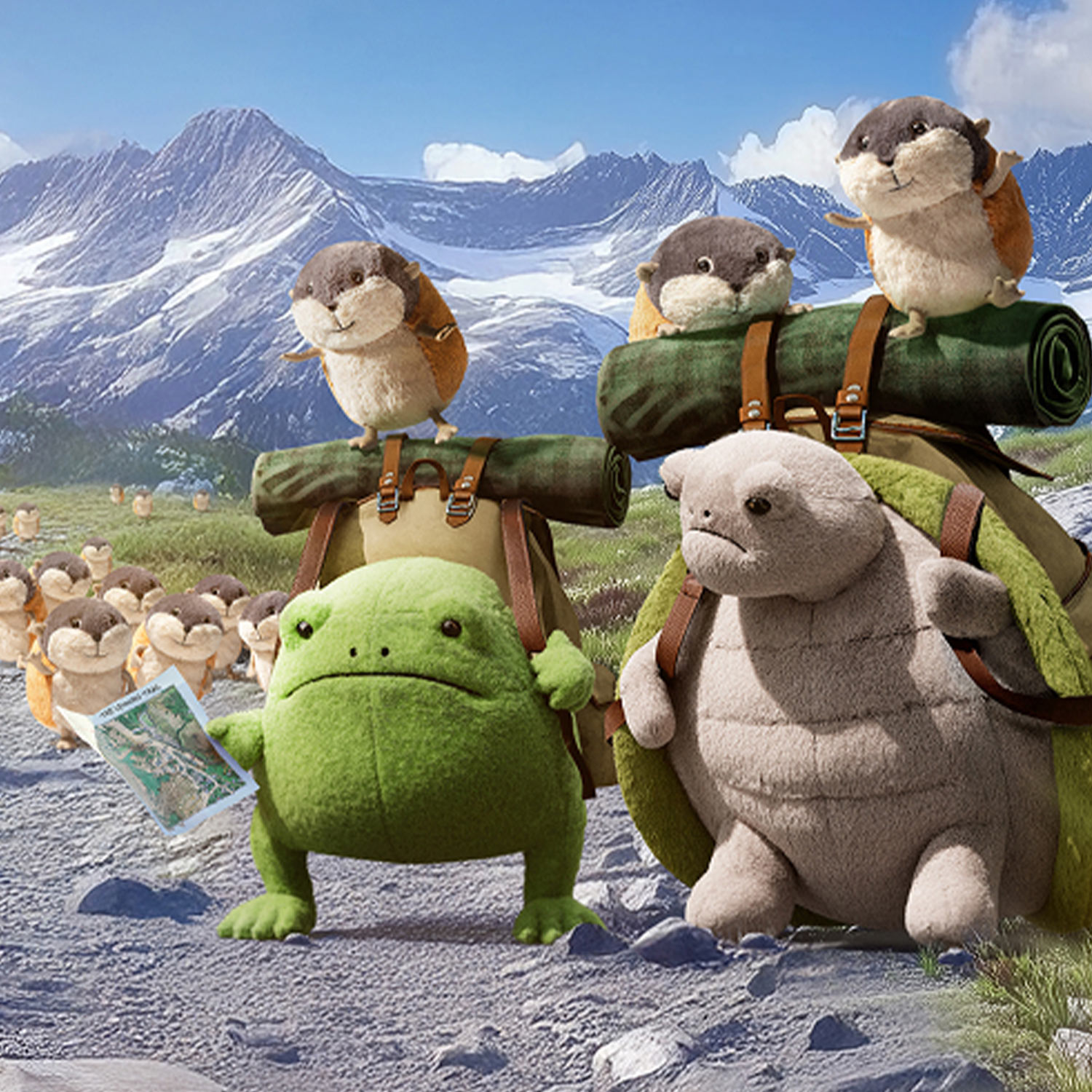 Plush animals, including a frog, tortoise, and otters, on a hiking trail with backpacks, set in a scenic mountain landscape.