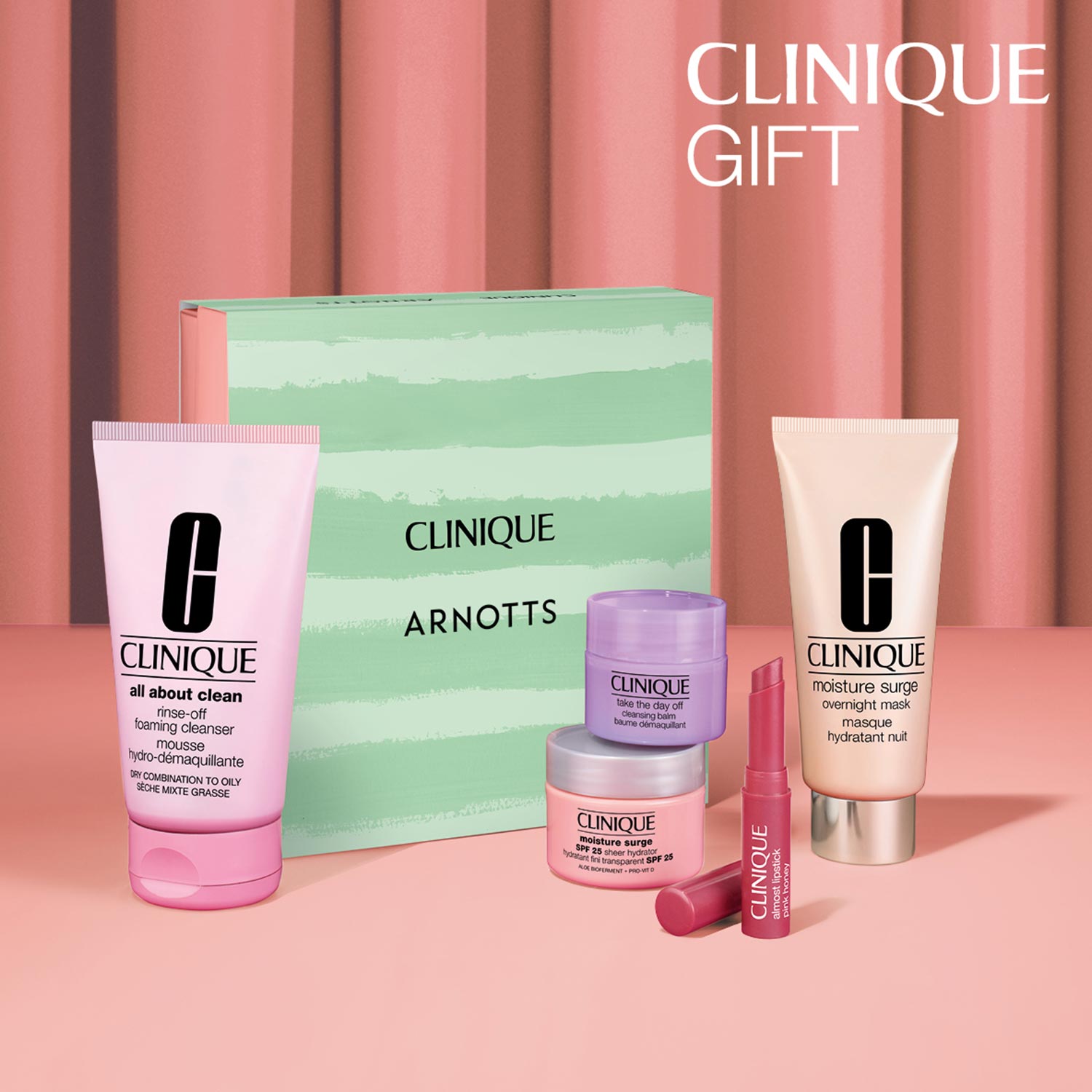 clinique gift set with pink background