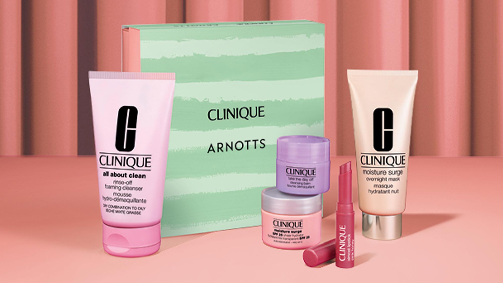 clinique gift set with pink background