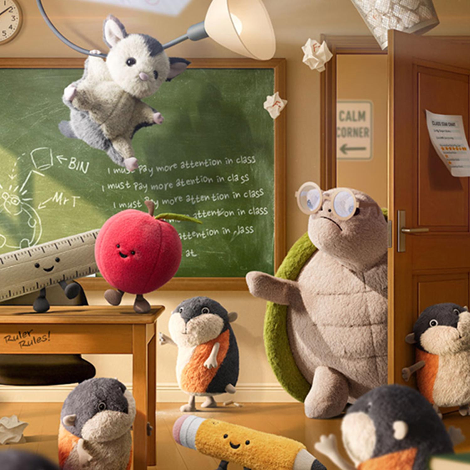 Stuffed animals in a playful classroom setting with a chalkboard, scattered paper, and a flying squirrel toy.