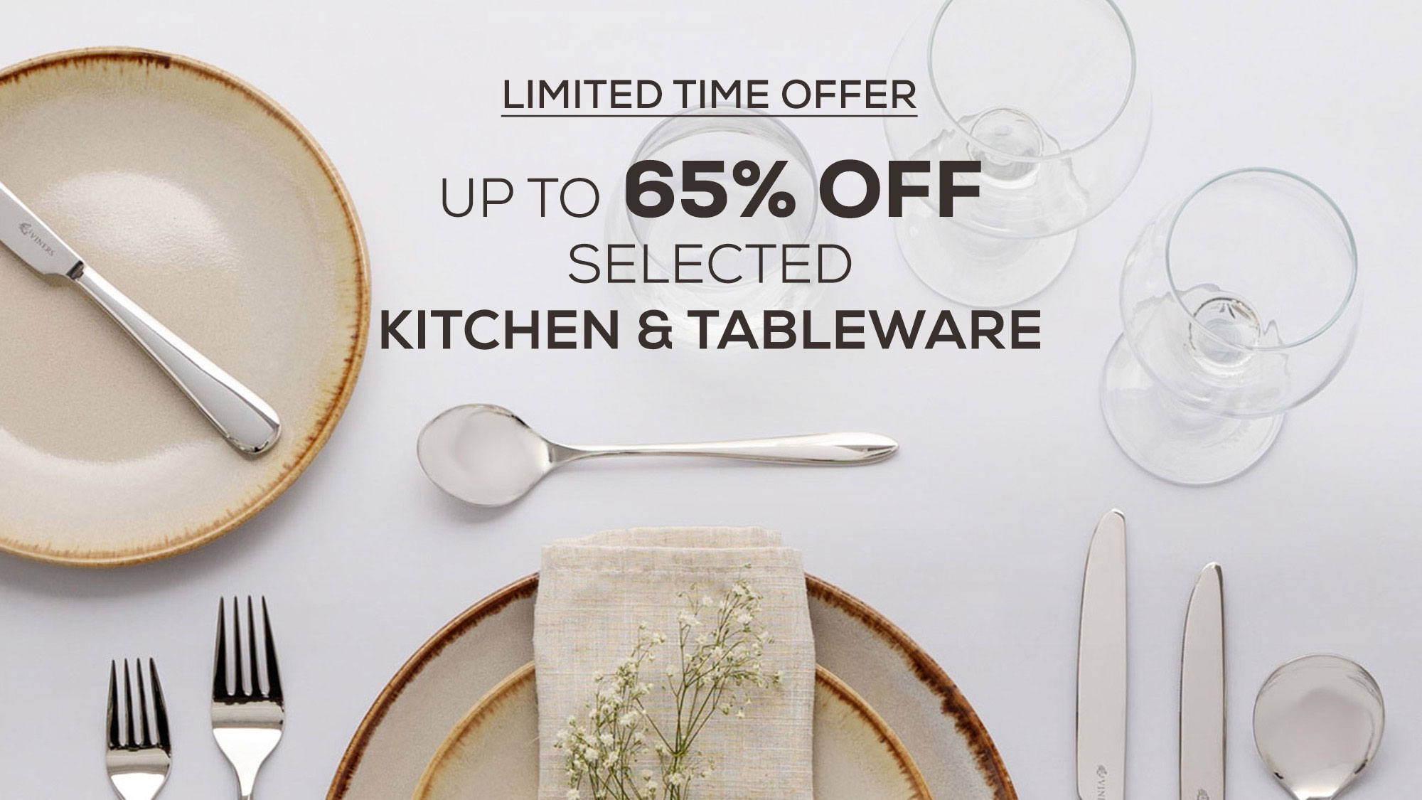 graphic with cutlery and tableware that says up to 65% off kitchen and tableware limited time offer