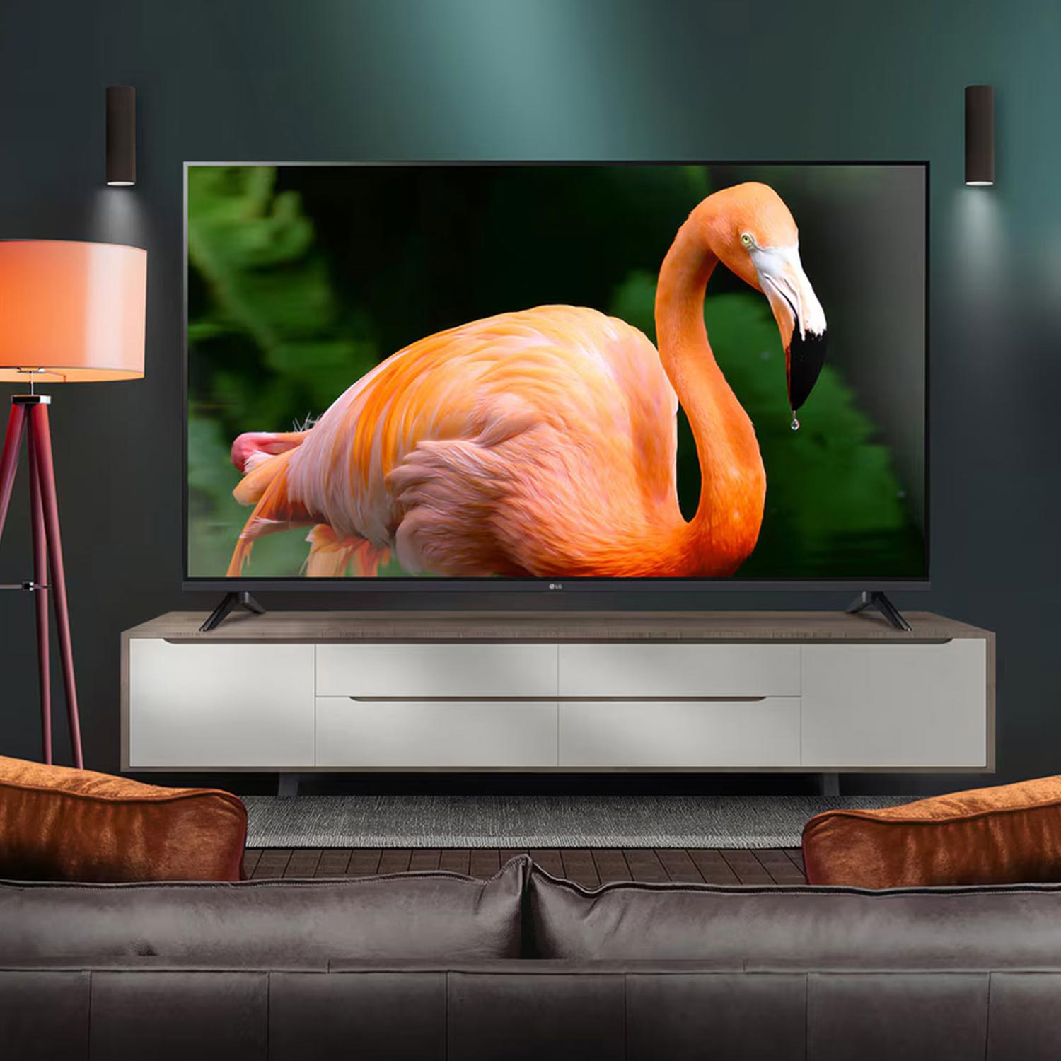 Modern living room with a large TV displaying a close-up of a flamingo, a gray couch, and a stylish floor lamp.
