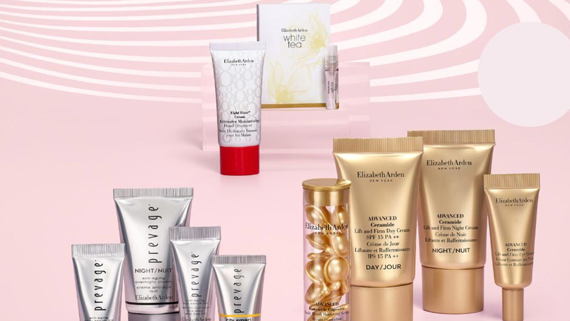 A collection of Elizabeth Arden skincare products arranged on a pink background with branding on the left.