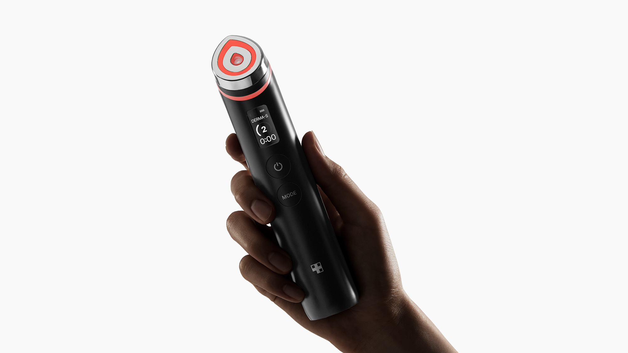A hand holding a sleek, black device with a screen and buttons, featuring a red and white circular element at one end.
