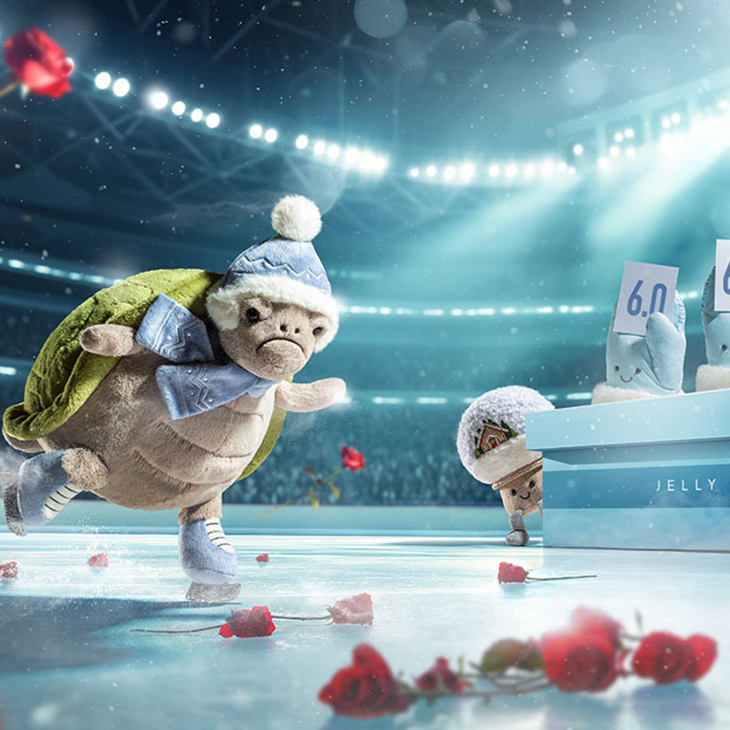 A plush turtle in winter attire ice skates, while stuffed penguin judges hold up '6.0' scorecards. Roses are scattered on the ice.