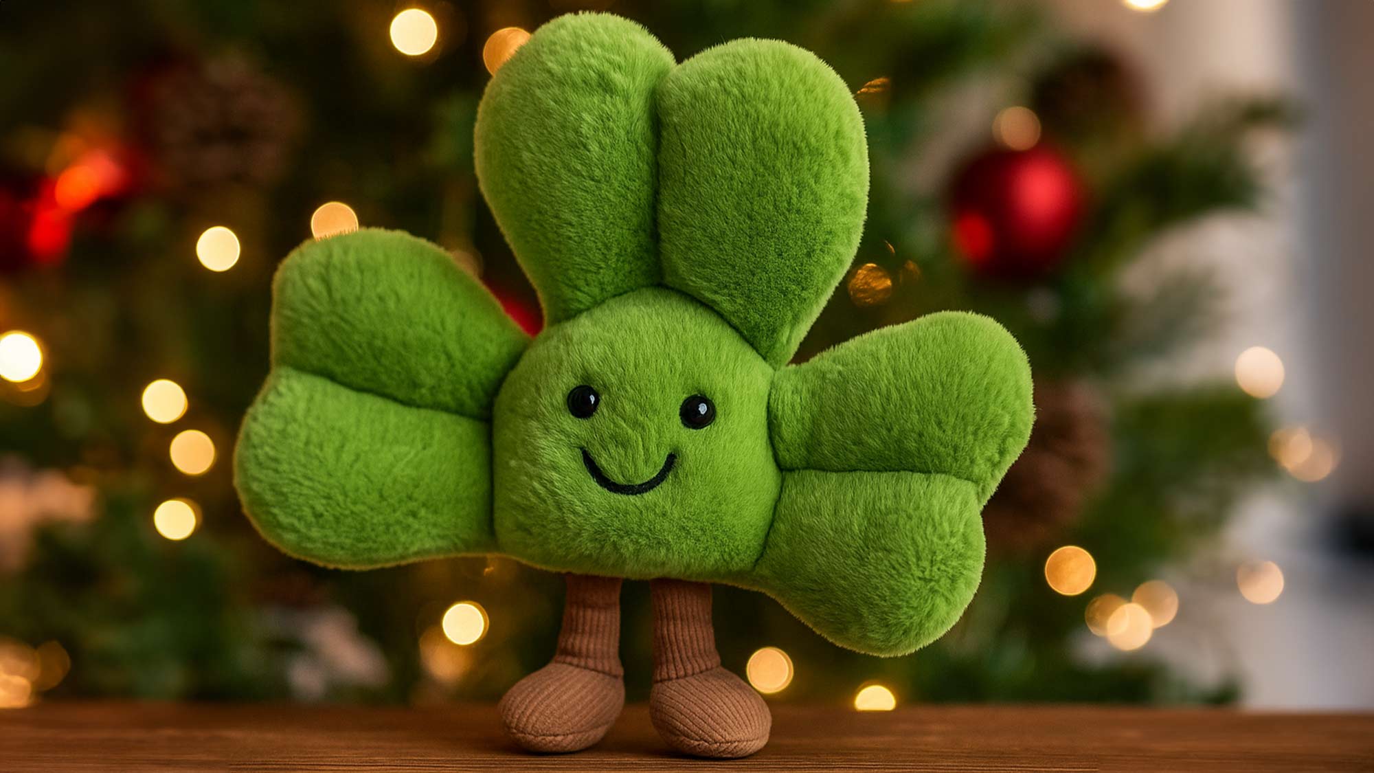 A plush green four-leaf clover with a smiling face and brown boots, in front of a decorated Christmas tree with lights.