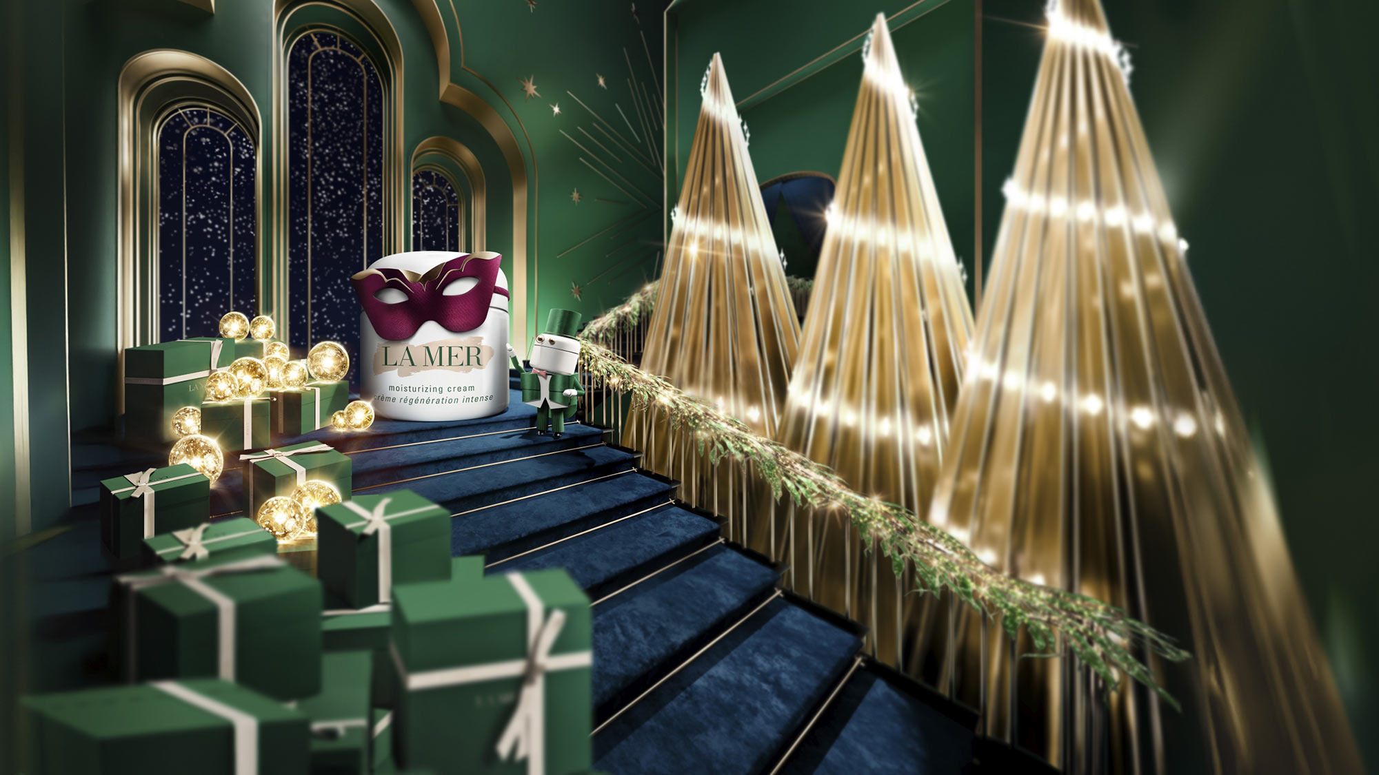 A luxurious holiday display with gold-lit trees, green gift boxes, a jar with a pink mask, and arched windows showing a starry night.