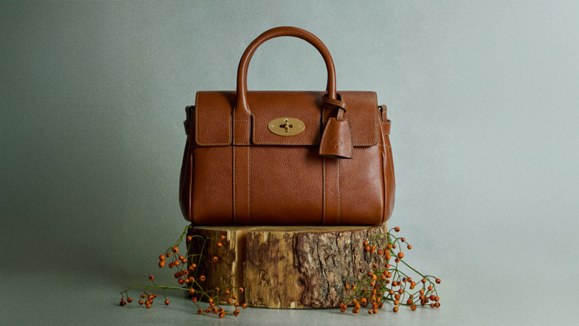 A brown leather handbag sits on a tree stump, adorned with red-orange berries.