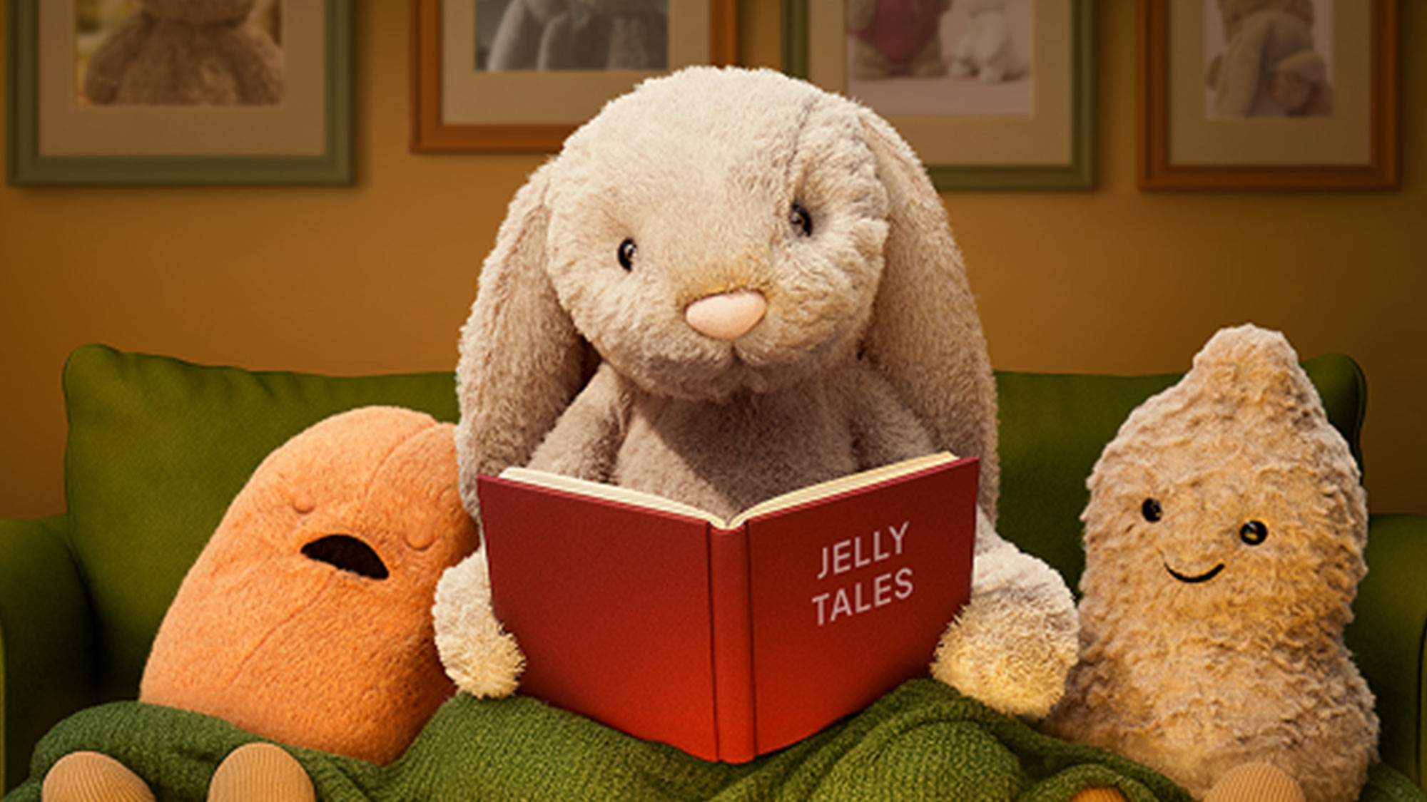 Three plush toys on a couch read a book titled 'Jelly Tales,' with framed pictures in the background.