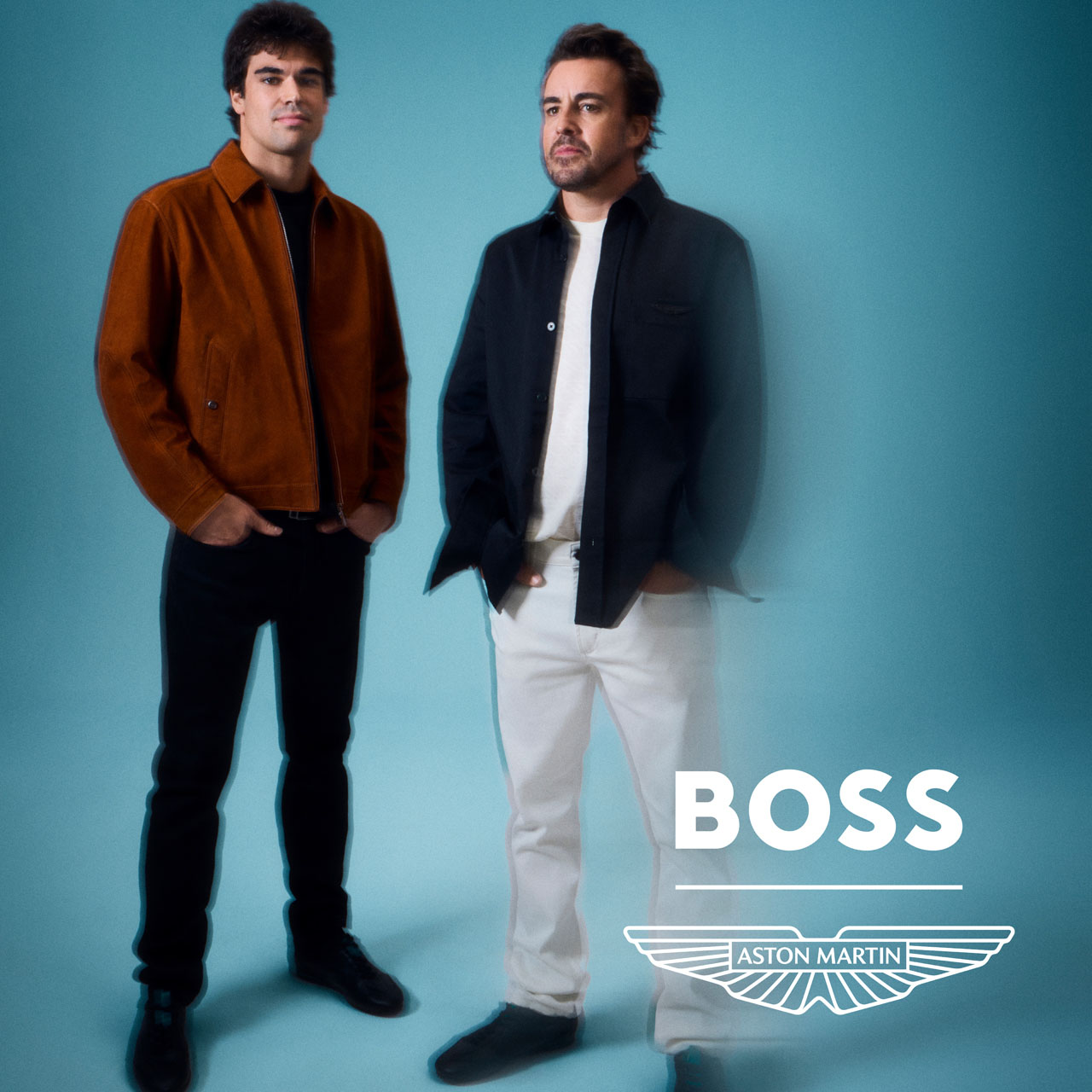 Two men wearing BOSS menswear: one in rust-coloured jacket with black trousers, one in navy cardigan with white trousers, with BOSS and Aston Martin logos