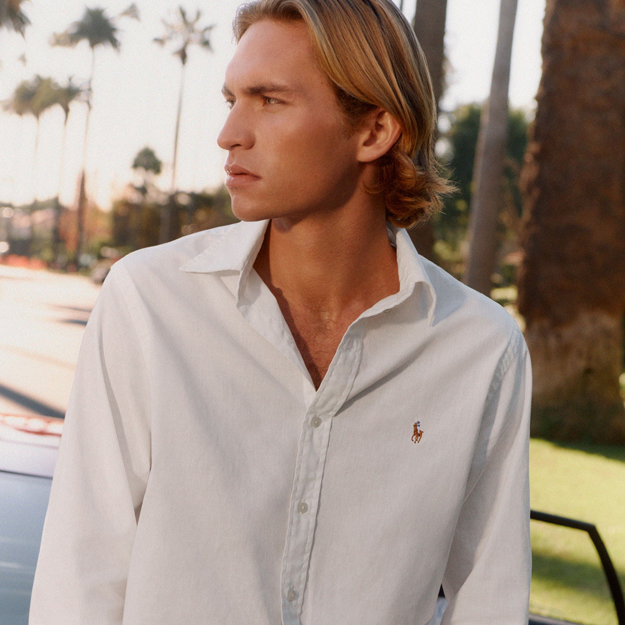 Man wearing white button-down shirt outdoors with palm trees and sunny landscape in background