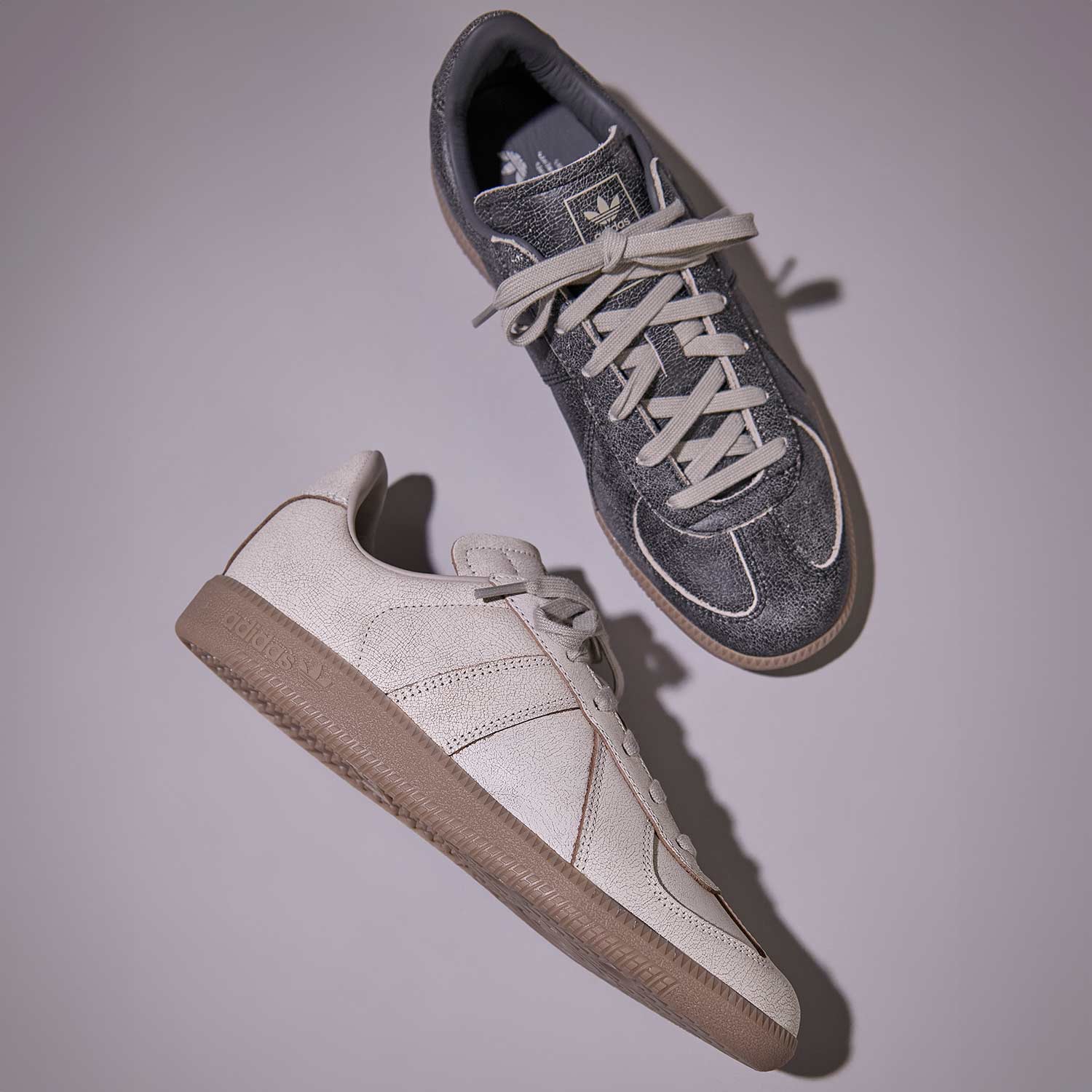 Two sneakers, one gray and one white, are photographed on a light background.