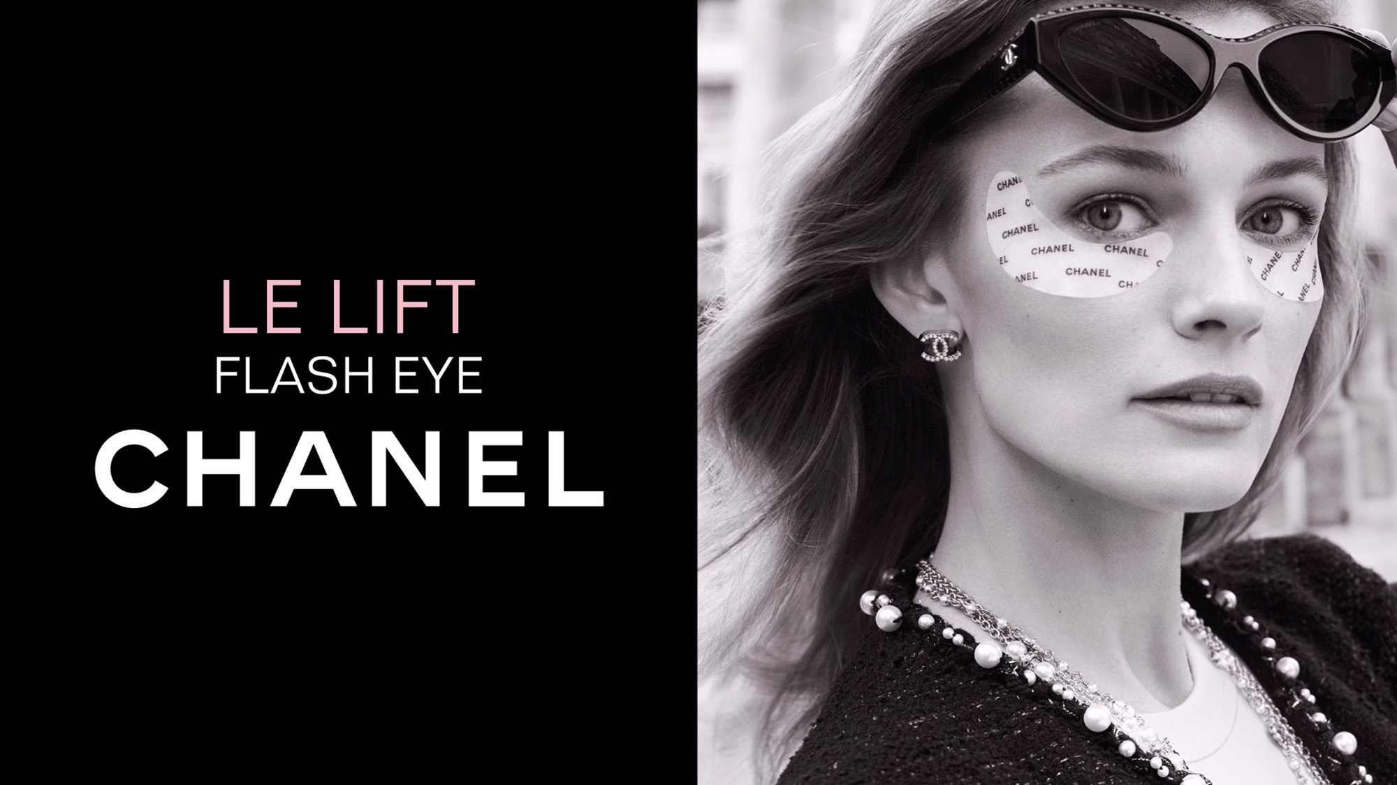 A woman wearing sunglasses and Chanel eye patches; text reads 'LE LIFT FLASH EYE CHANEL.'