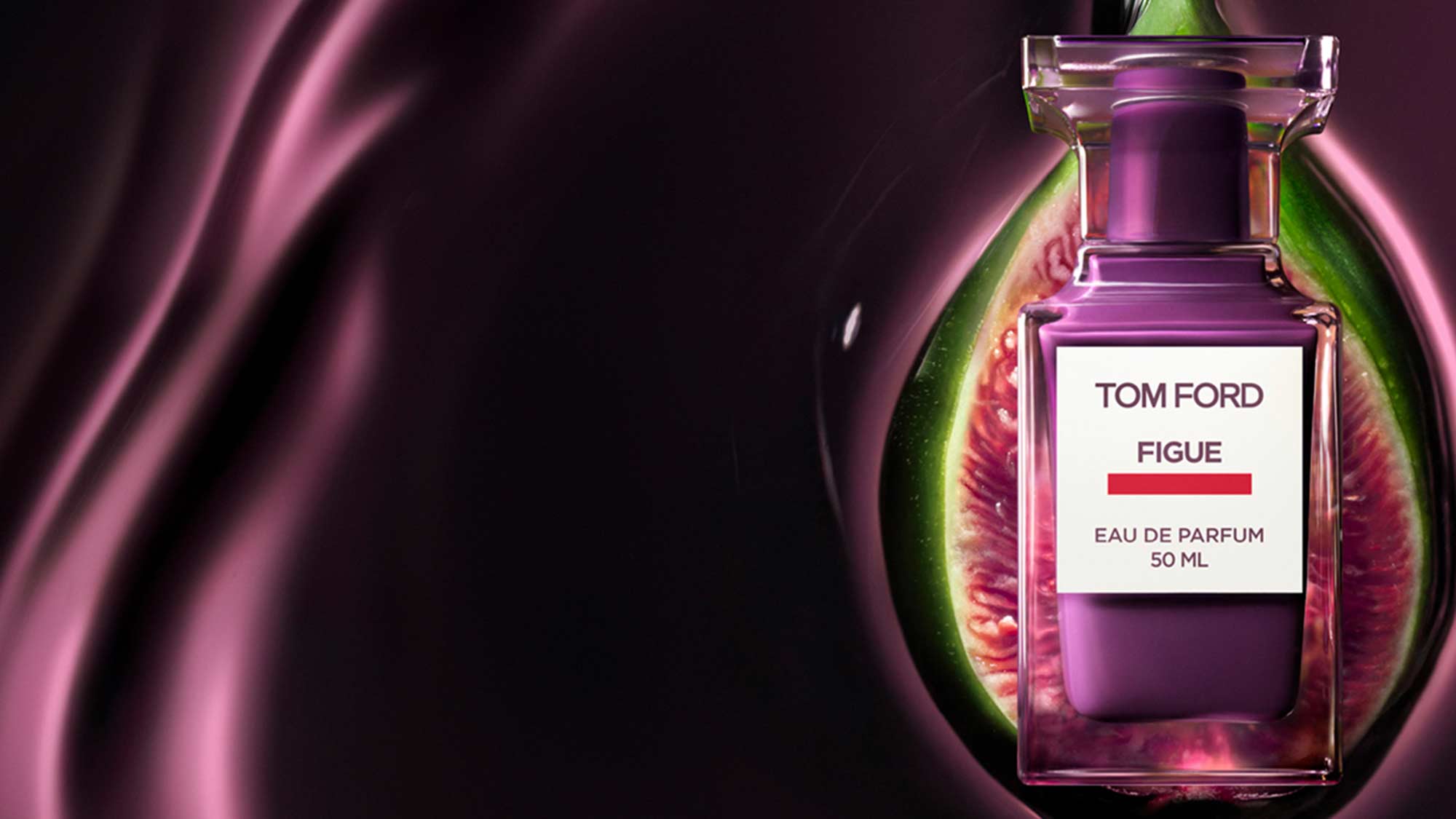 A purple perfume bottle labeled 'Tom Ford Figue' is set against a backdrop featuring a fig half.