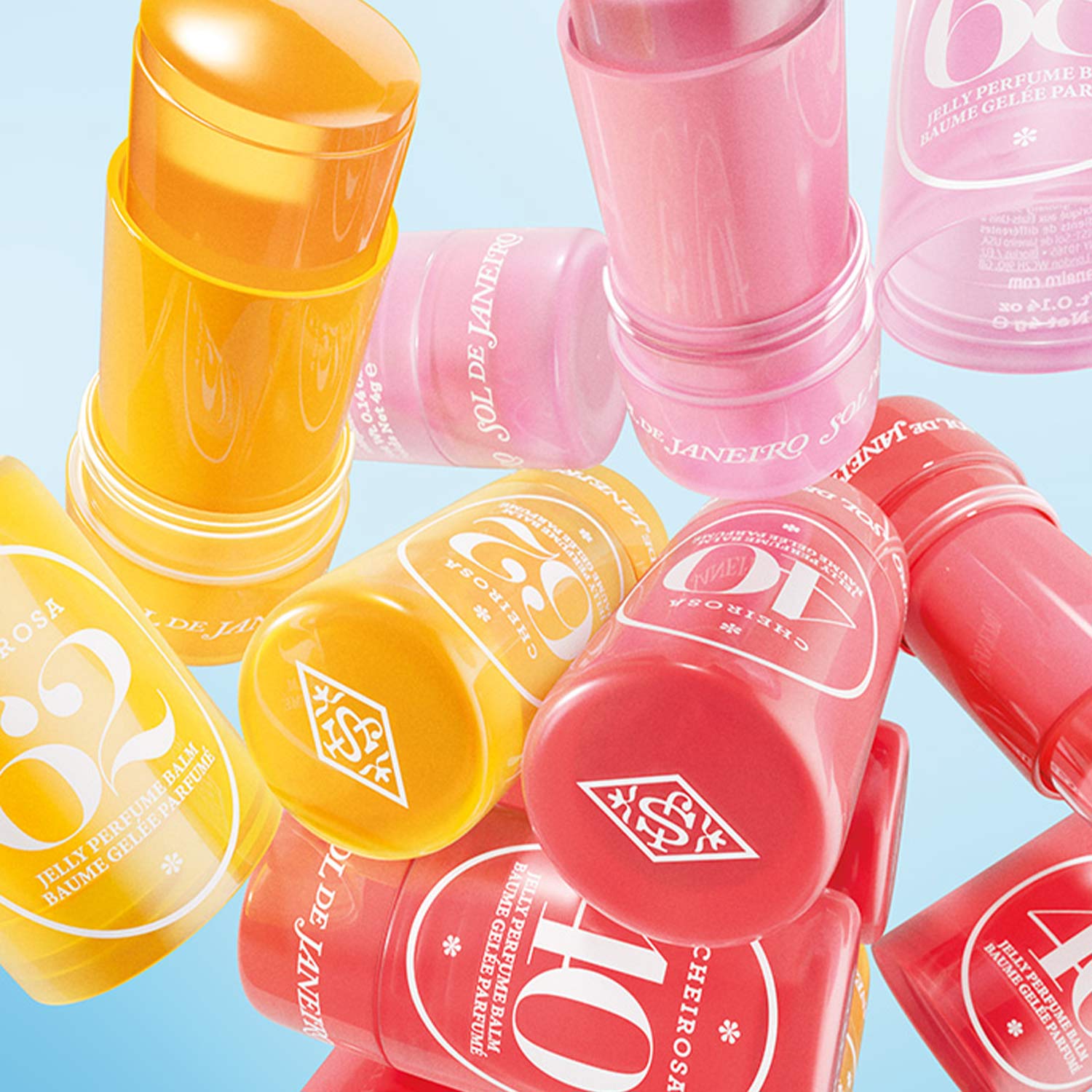 Colorful skincare product containers, mainly in yellow and pink, float against a blue background.