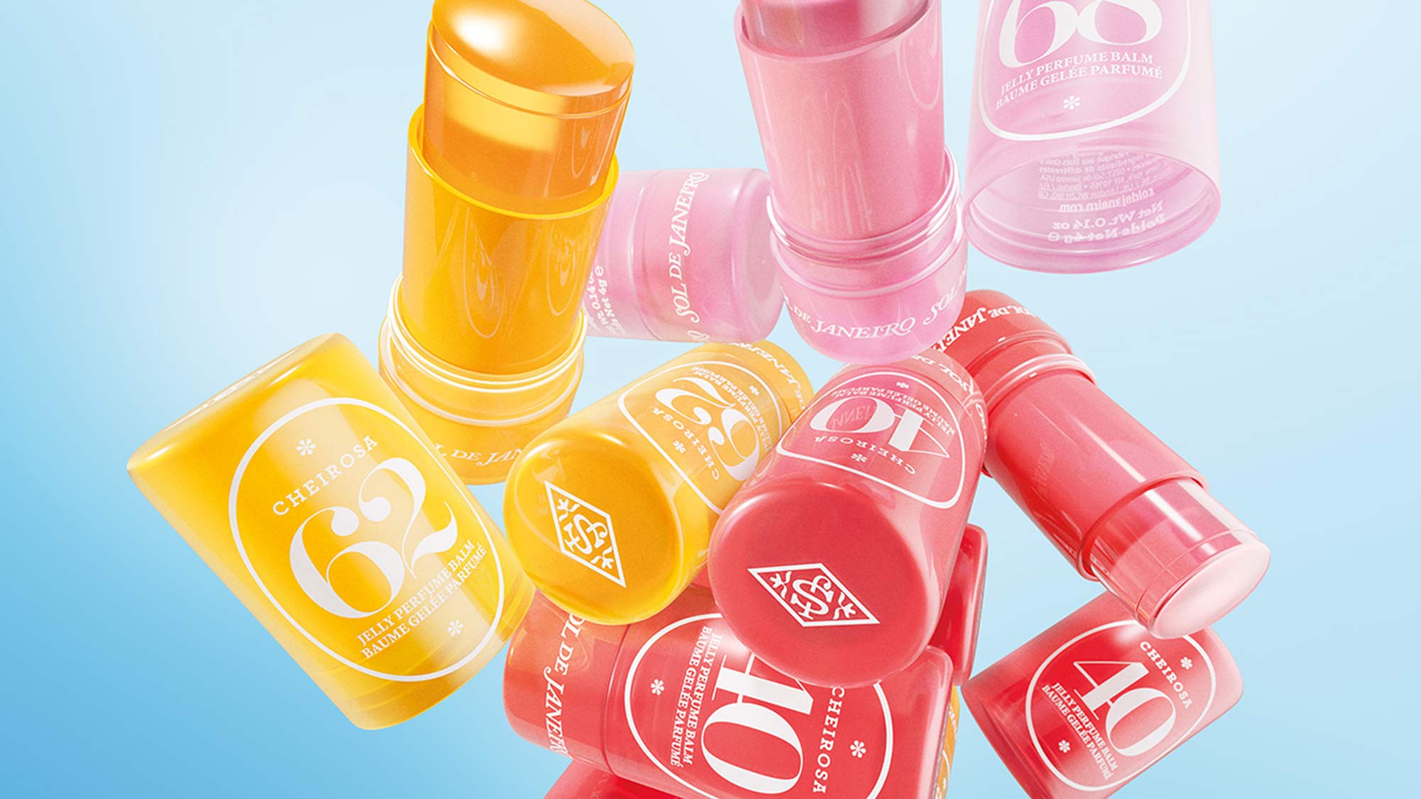 Colorful skincare product containers, mainly in yellow and pink, float against a blue background.