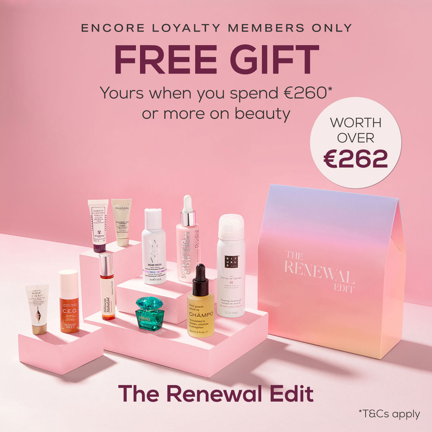 Curated collection of skincare and beauty products displayed on pink stepped platforms, including serums, moisturisers, and hair care