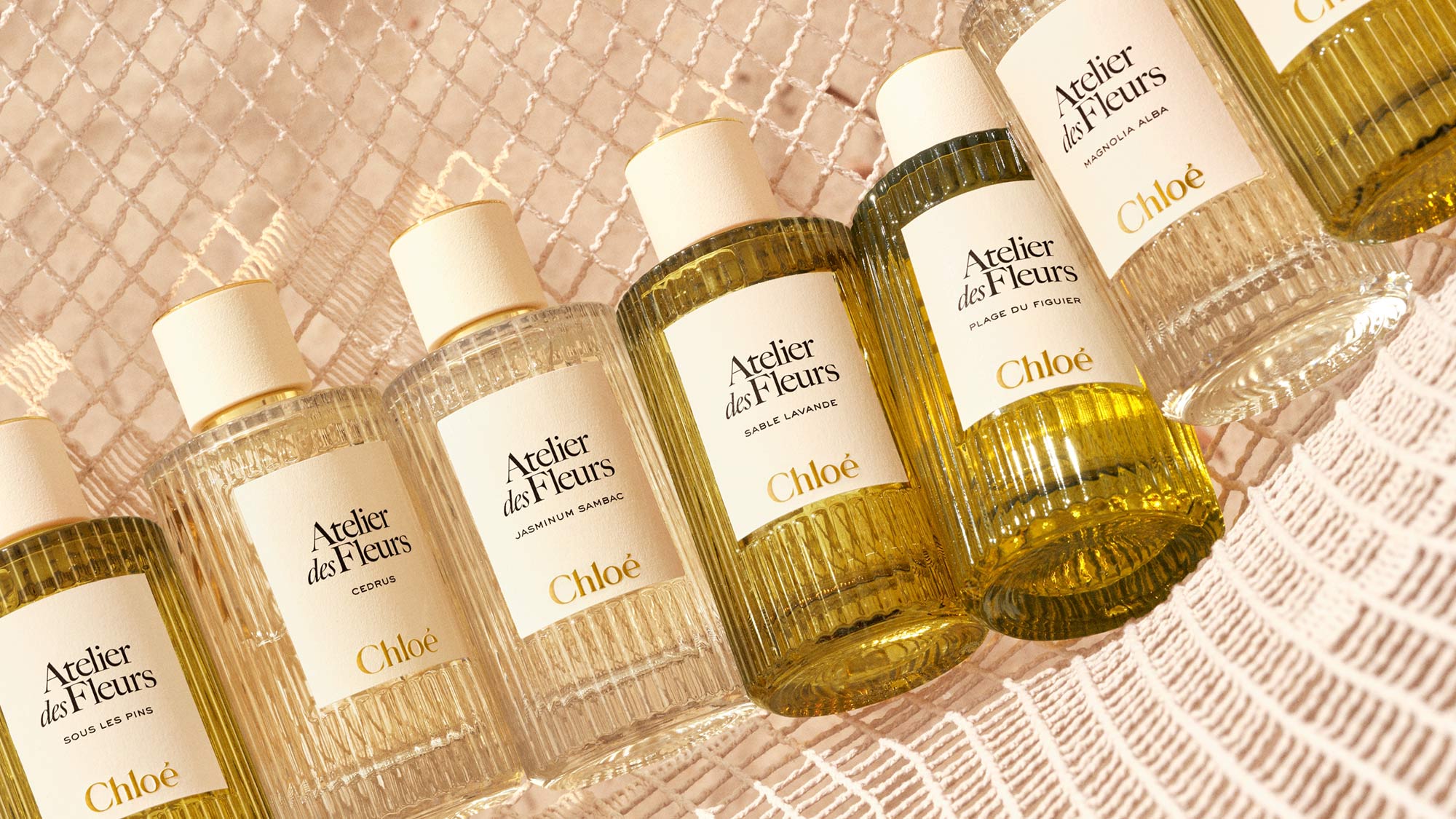 Five Chloé Atelier des Fleurs fragrance bottles with cream labels displayed on textured pink background
