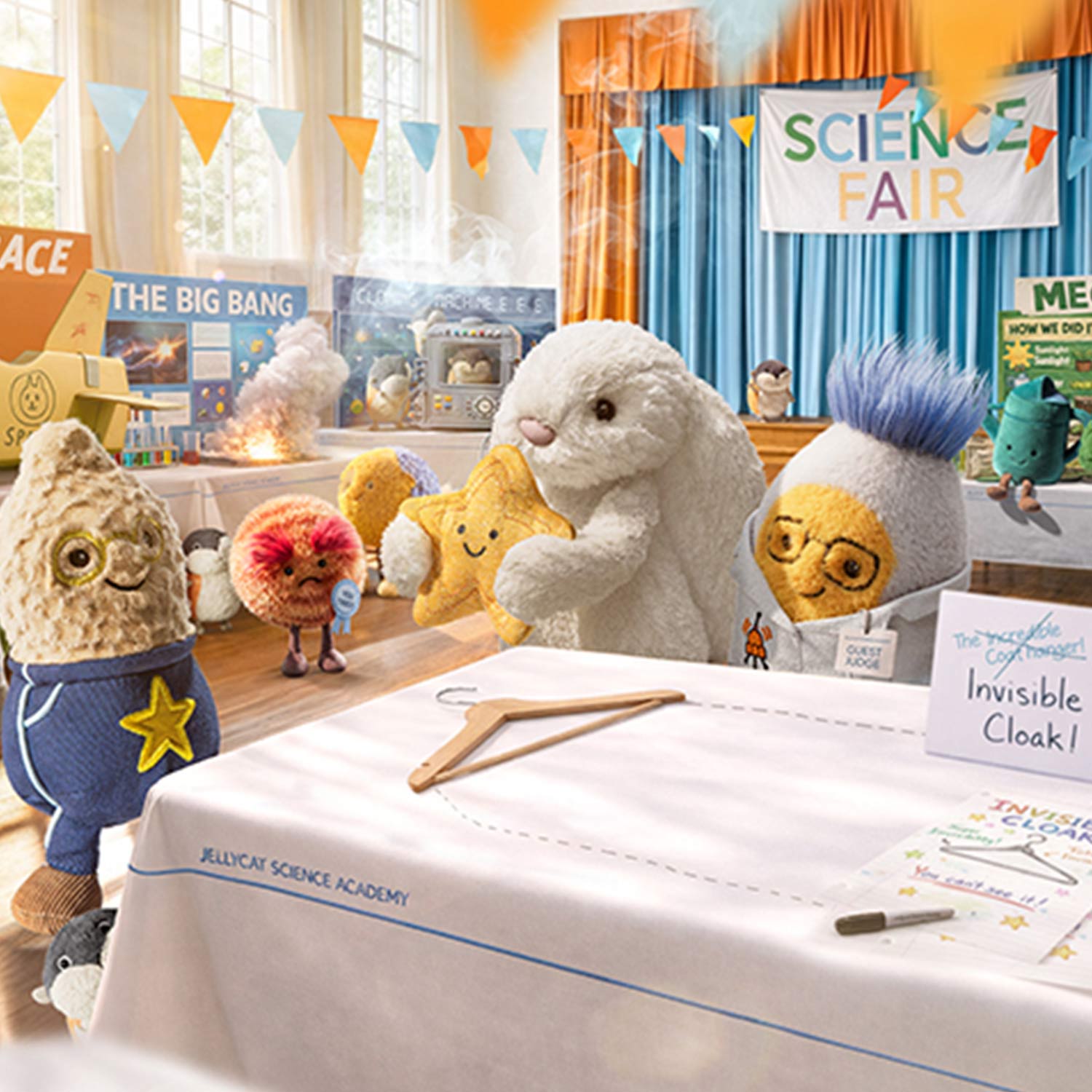Stuffed animals participate in a science fair with various themed booths and projects, including a sign for an invisible cloak.