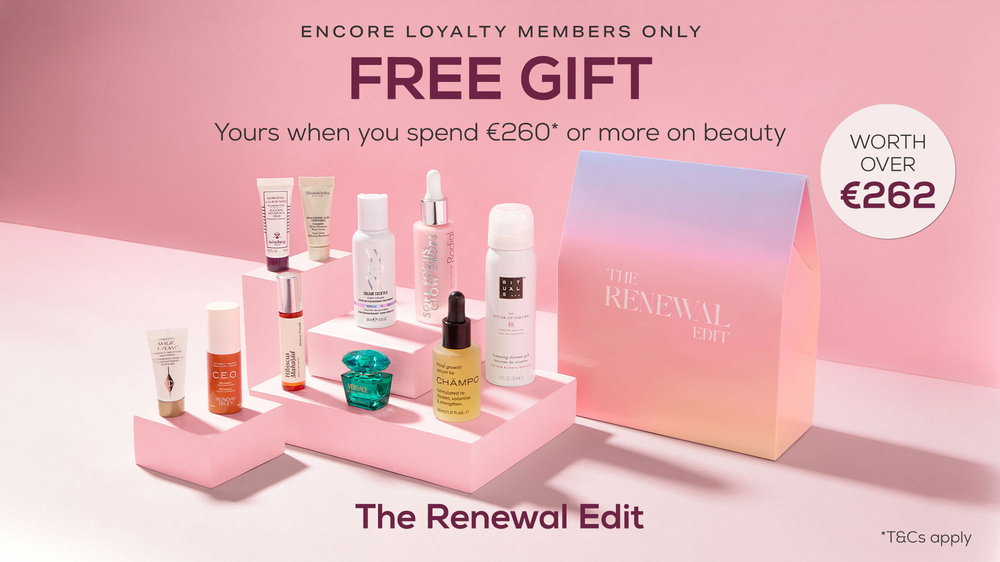 Encore Loyalty exclusive spring beauty gift set worth over €262 featuring skincare and beauty products on pink display
