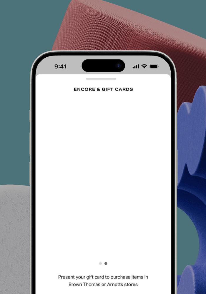 A smartphone screen displaying a page titled 'Encore & Gift Cards' with text about using gift cards at specific stores.