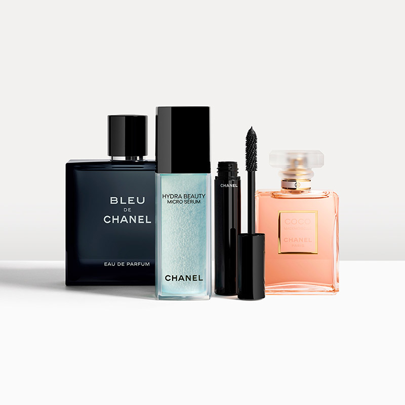 Chanel products including Bleu de Chanel fragrance, Hydra Beauty serum, mascara, and Coco Mademoiselle perfume.