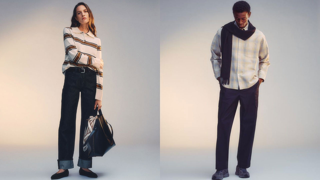 Two models showcase casual outfits: one wears a striped sweater and jeans, the other a checkered shirt and dark pants with a scarf.