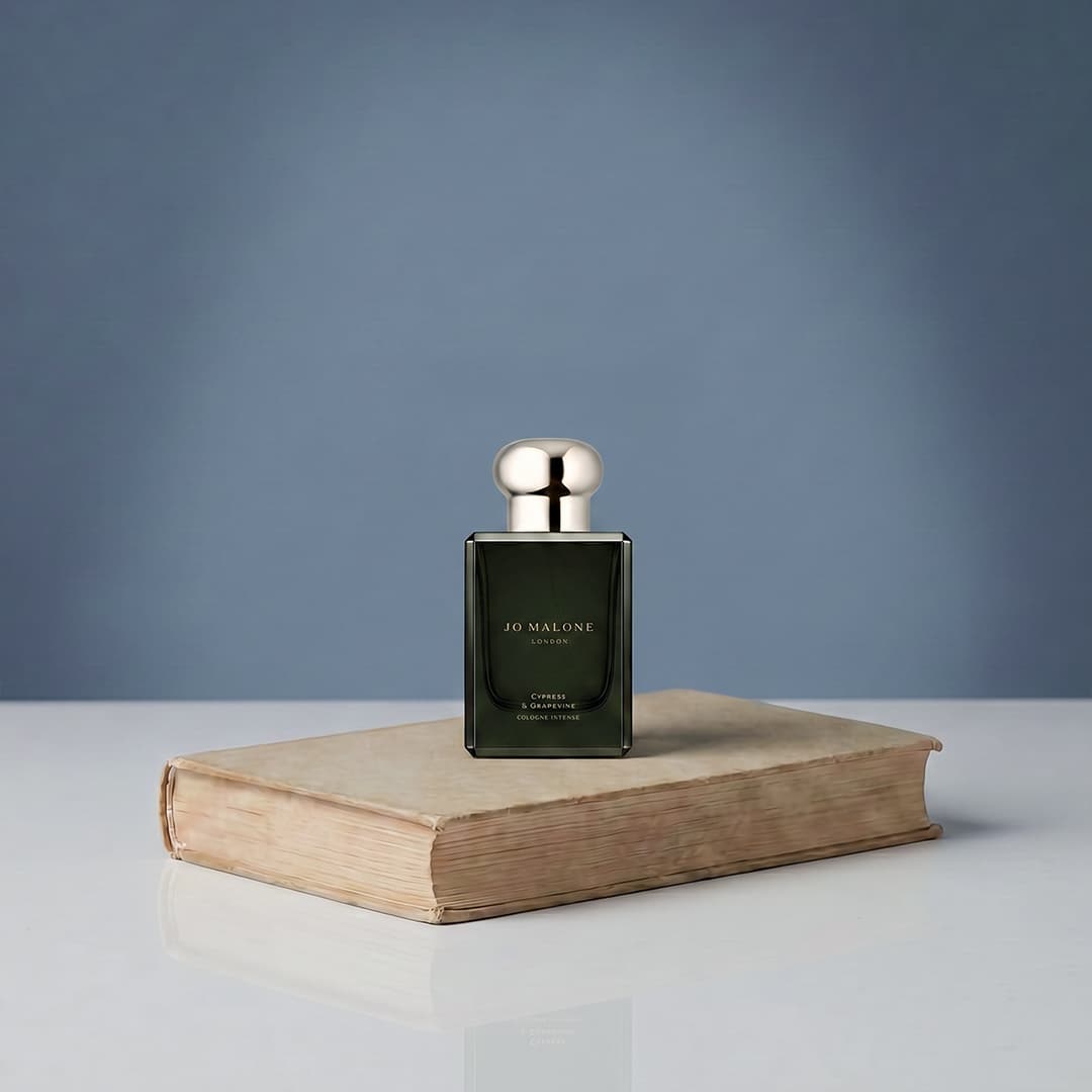 A bottle of Jo Malone cologne with a shiny silver cap is placed on top of a closed, vintage book with a worn cover. The background is a plain, muted blue.