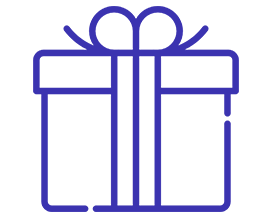 Outline of a blue gift box with a ribbon and bow on a black background.