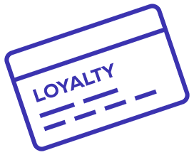 A stylised outline of a loyalty card in blue with the word 'LOYALTY' prominently displayed, set against a black background.