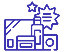 Blue line icons on a black background depict various cosmetics. Items include a bottle, a rectangular box, a circular container, and a star, with a burst shape suggesting promotion.