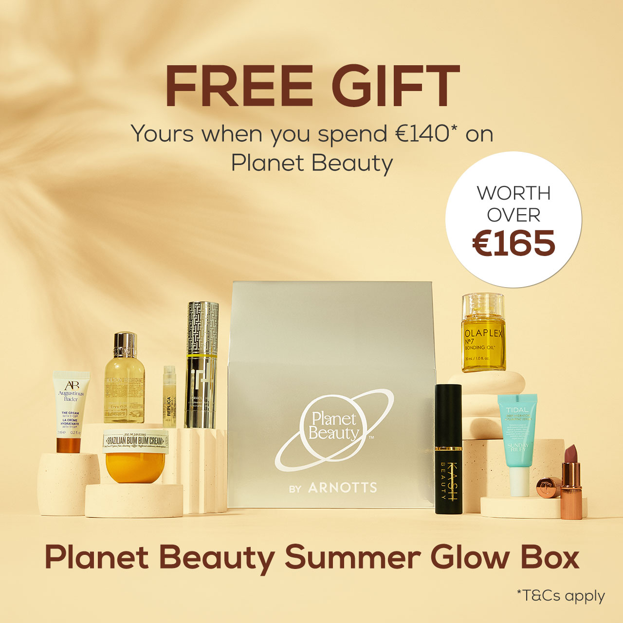 Planet Beauty Summer Glow Box with assorted skincare and beauty products displayed, worth over €165, free with €140 spend