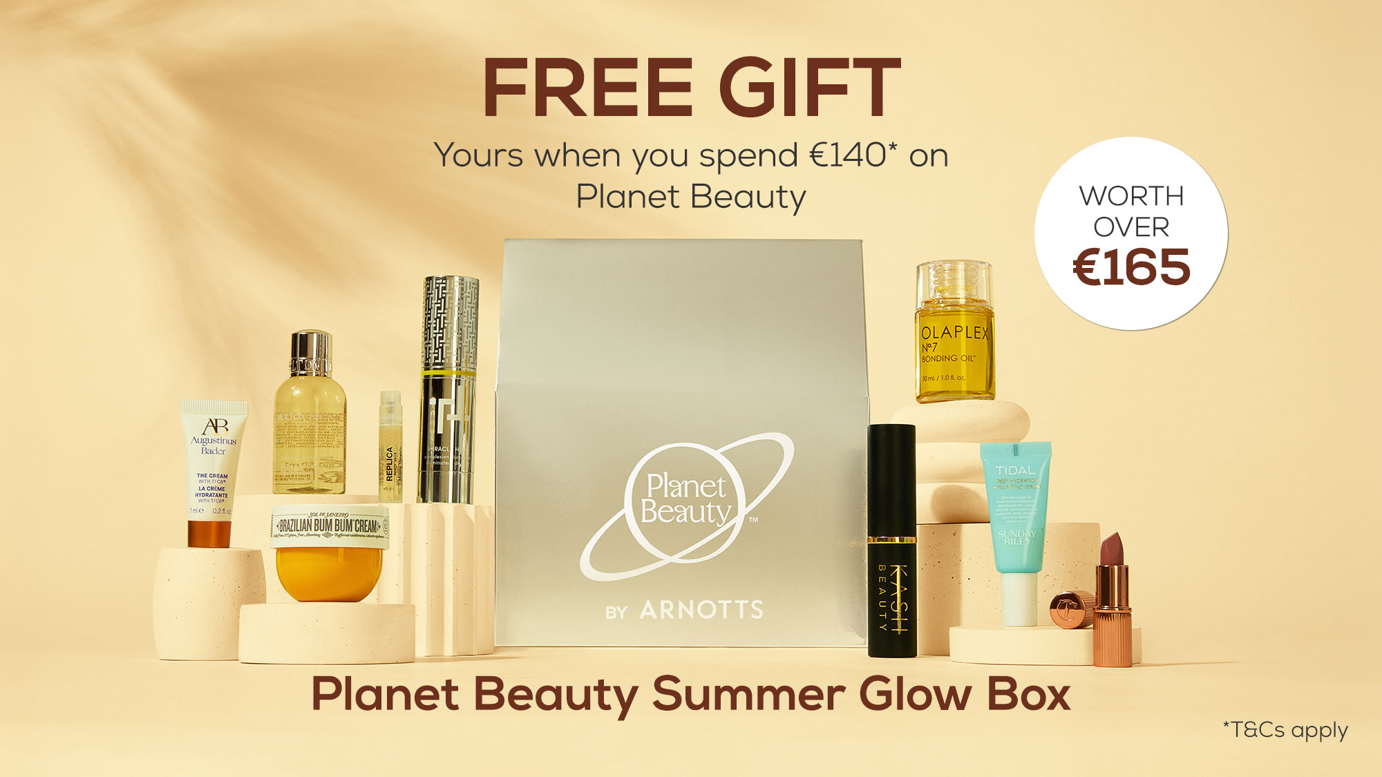 Planet Beauty Summer Glow Box with assorted skincare and beauty products displayed, worth over €165, free with €140 spend