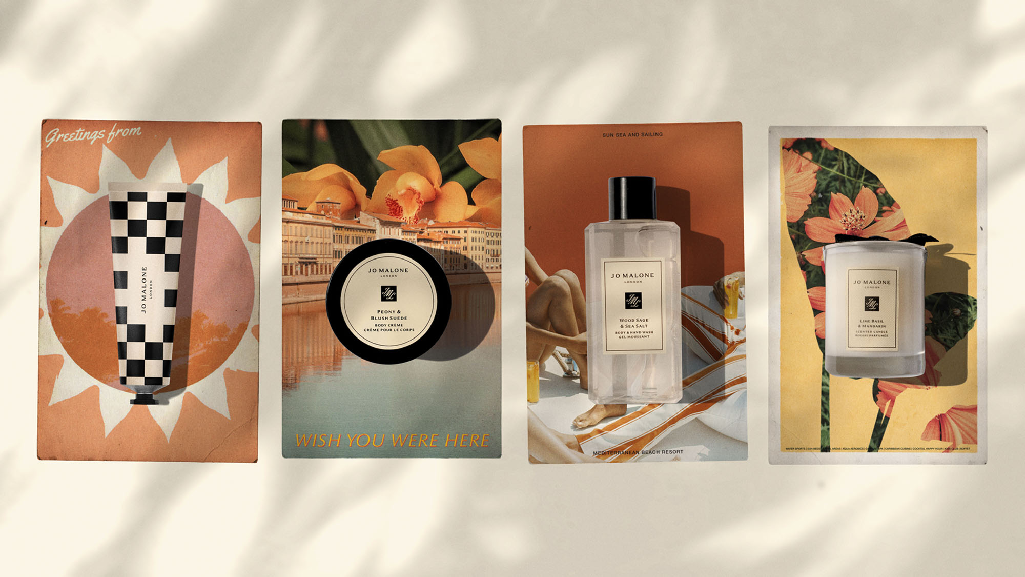 Four Jo Malone London summer fragrance collections with themed artwork including chessboard design, cityscape and floral imagery