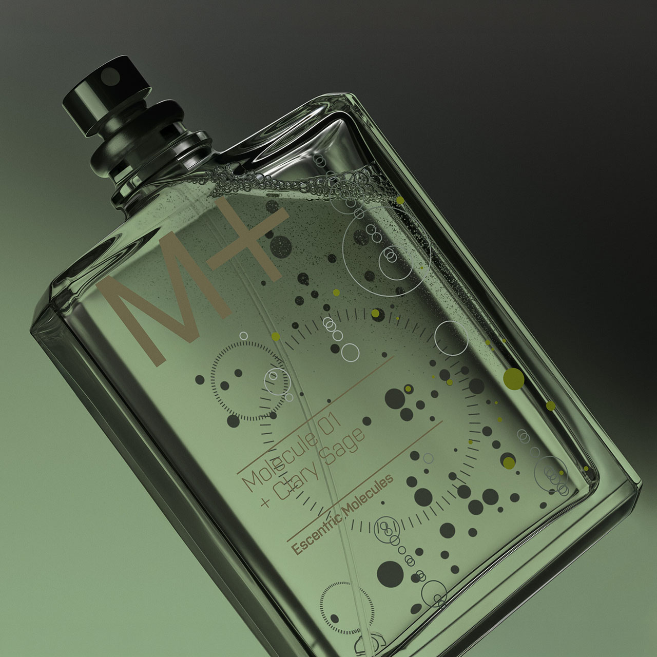 Escentric Molecules Molecule 01 + Clary Sage fragrance bottle on soft green background with geometric pattern detail