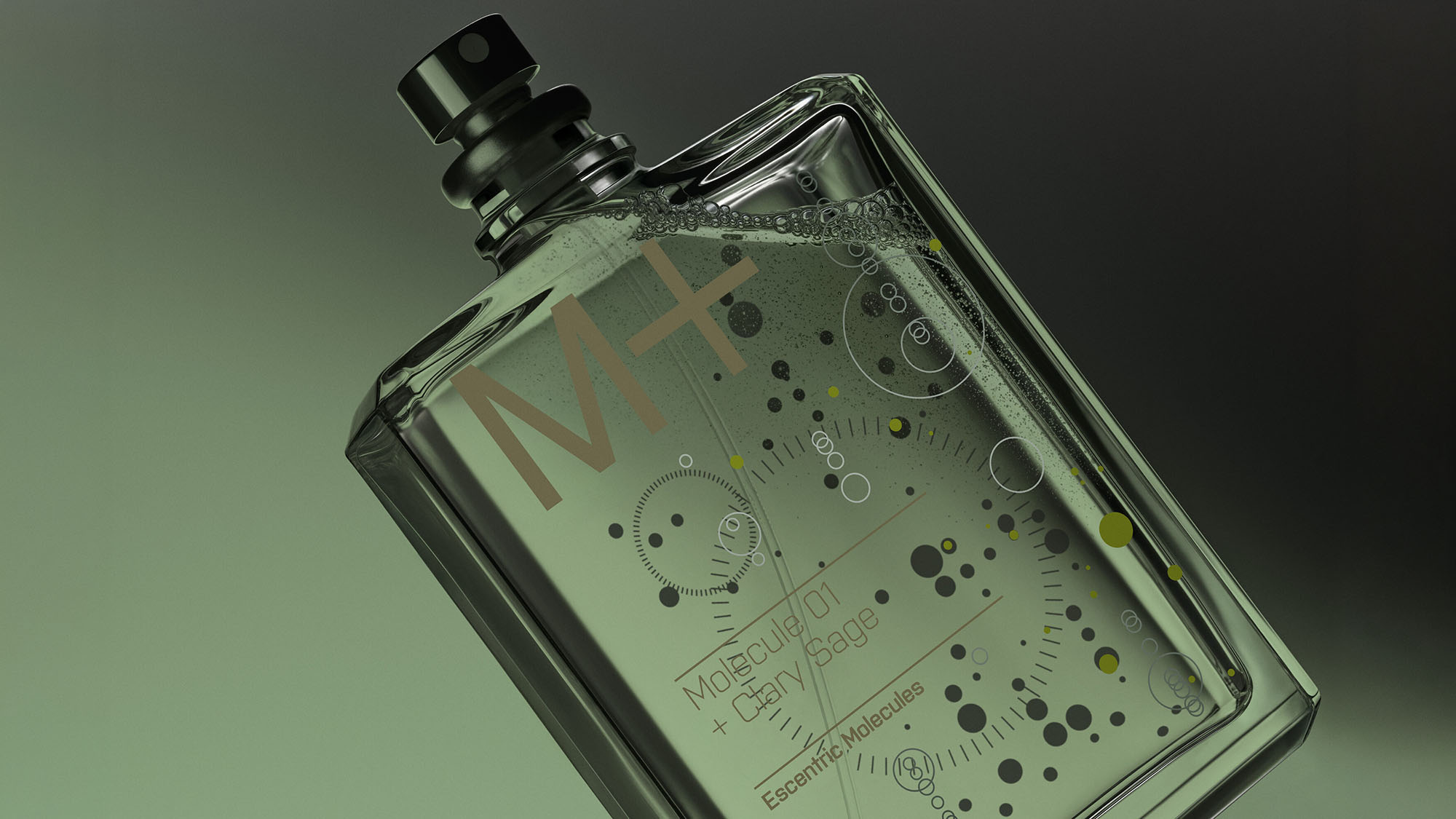 Escentric Molecules Molecule 01 + Clary Sage fragrance bottle on soft green background with geometric pattern detail